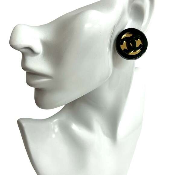 CHANEL Authentic Black Logo Earrings